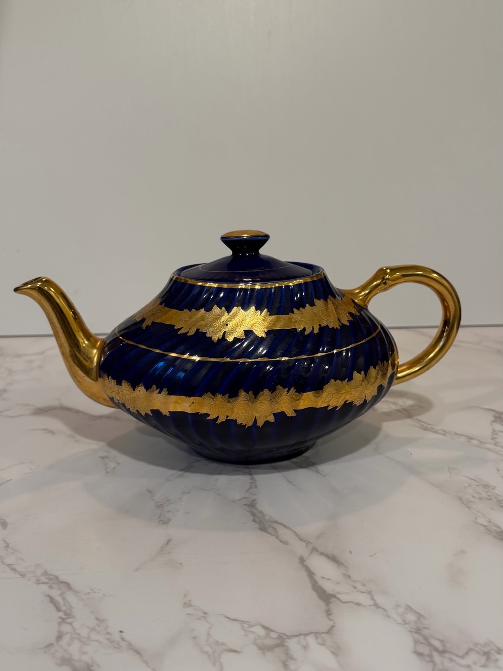 Vintage Arthur Wood England Cobalt Blue Gold Teapot #5266 Floral Swirl Repaired
